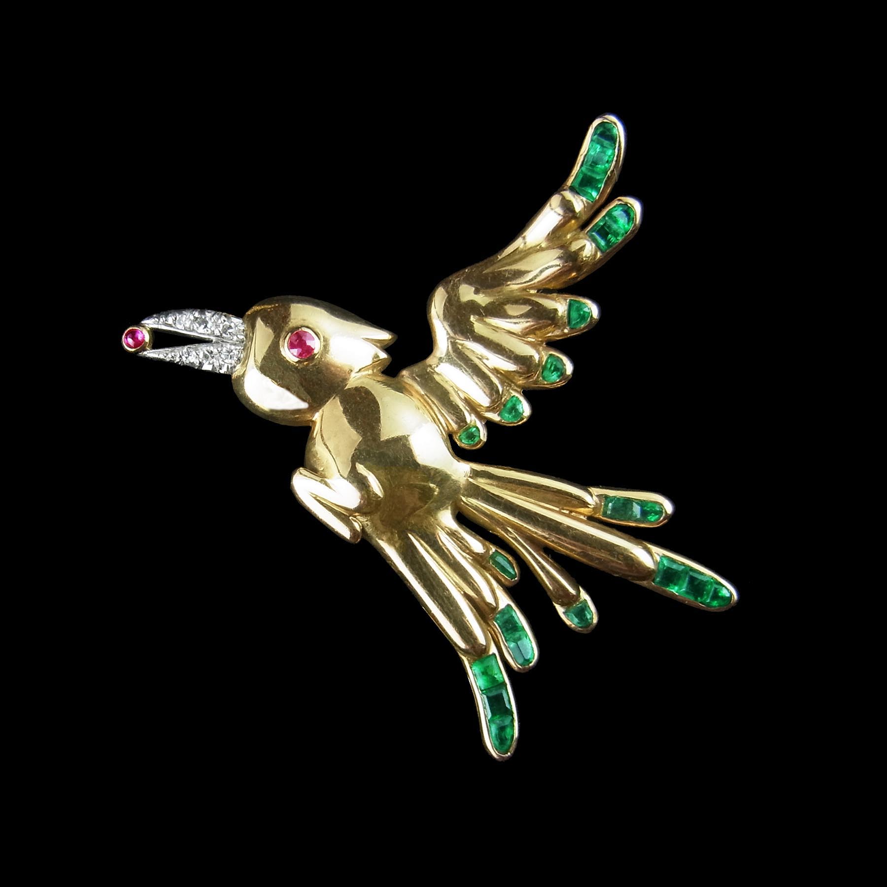 ルビーを咥えた鳥 エメラルドの翼 アンティークブローチ | ルーヴル 