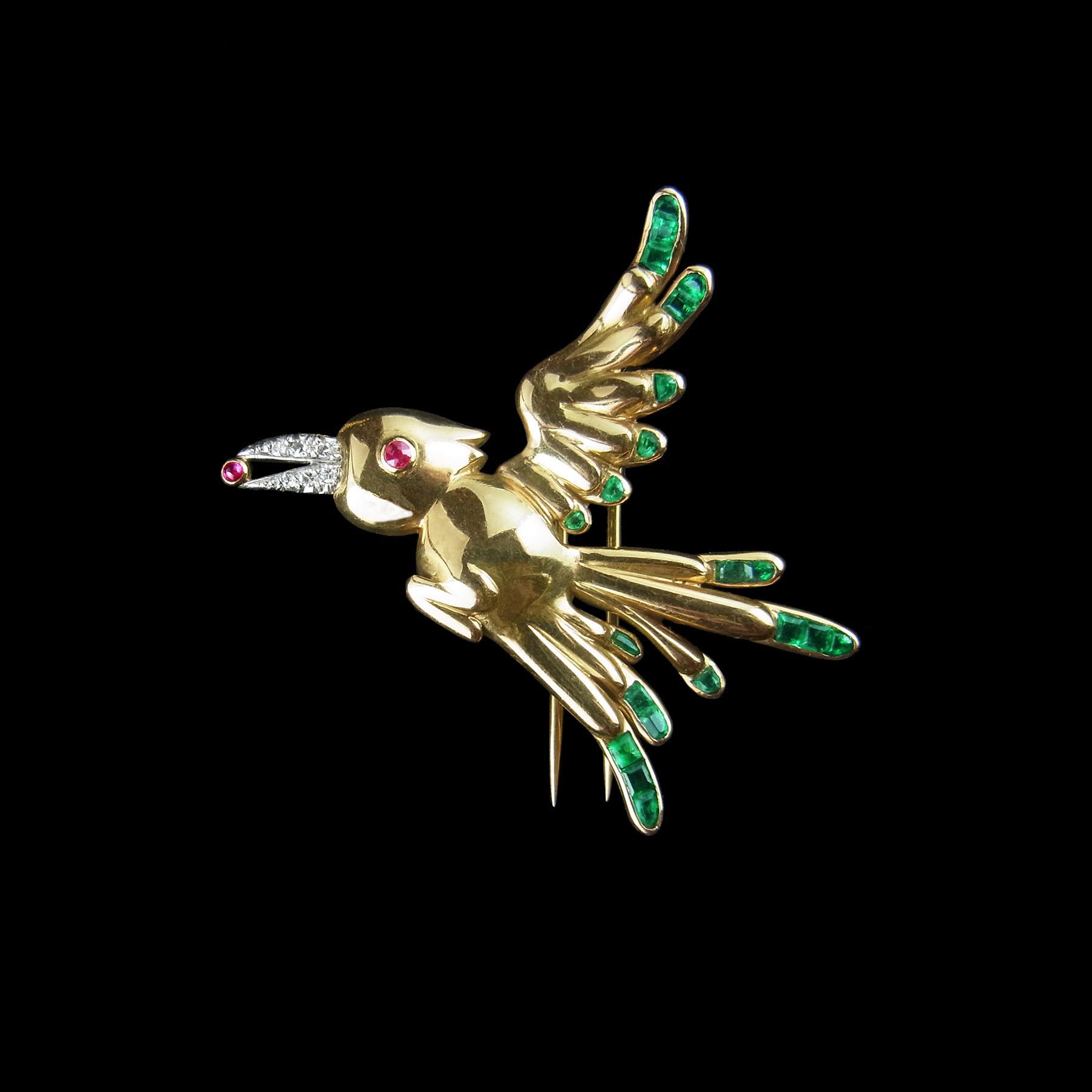 ルビーを咥えた鳥 エメラルドの翼 アンティークブローチ | ルーヴル