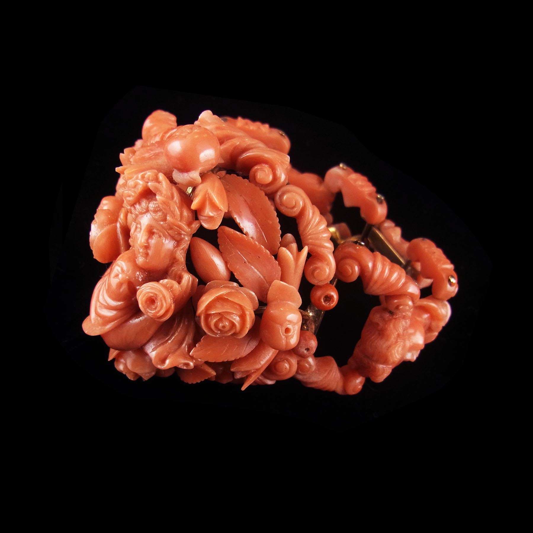 フローラ 花の女神 地中海珊瑚立体彫刻アンティークブレスレット