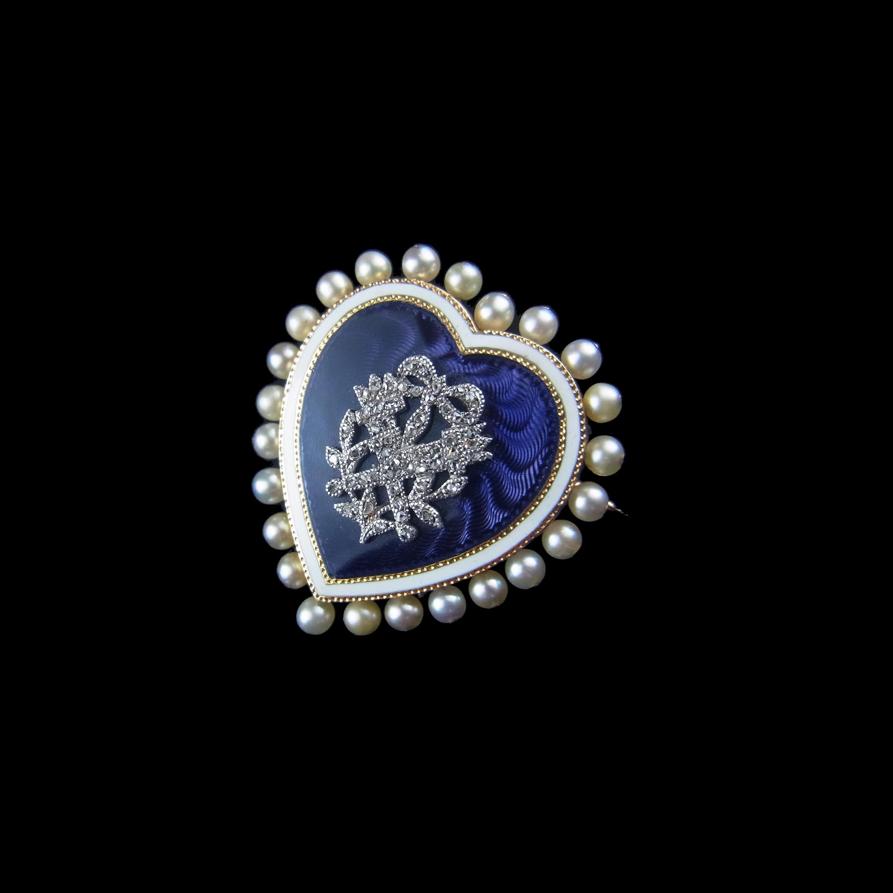 カルティエ 天然真珠 濃青菫色ギヨシェエマイユ/アンティークブローチ 