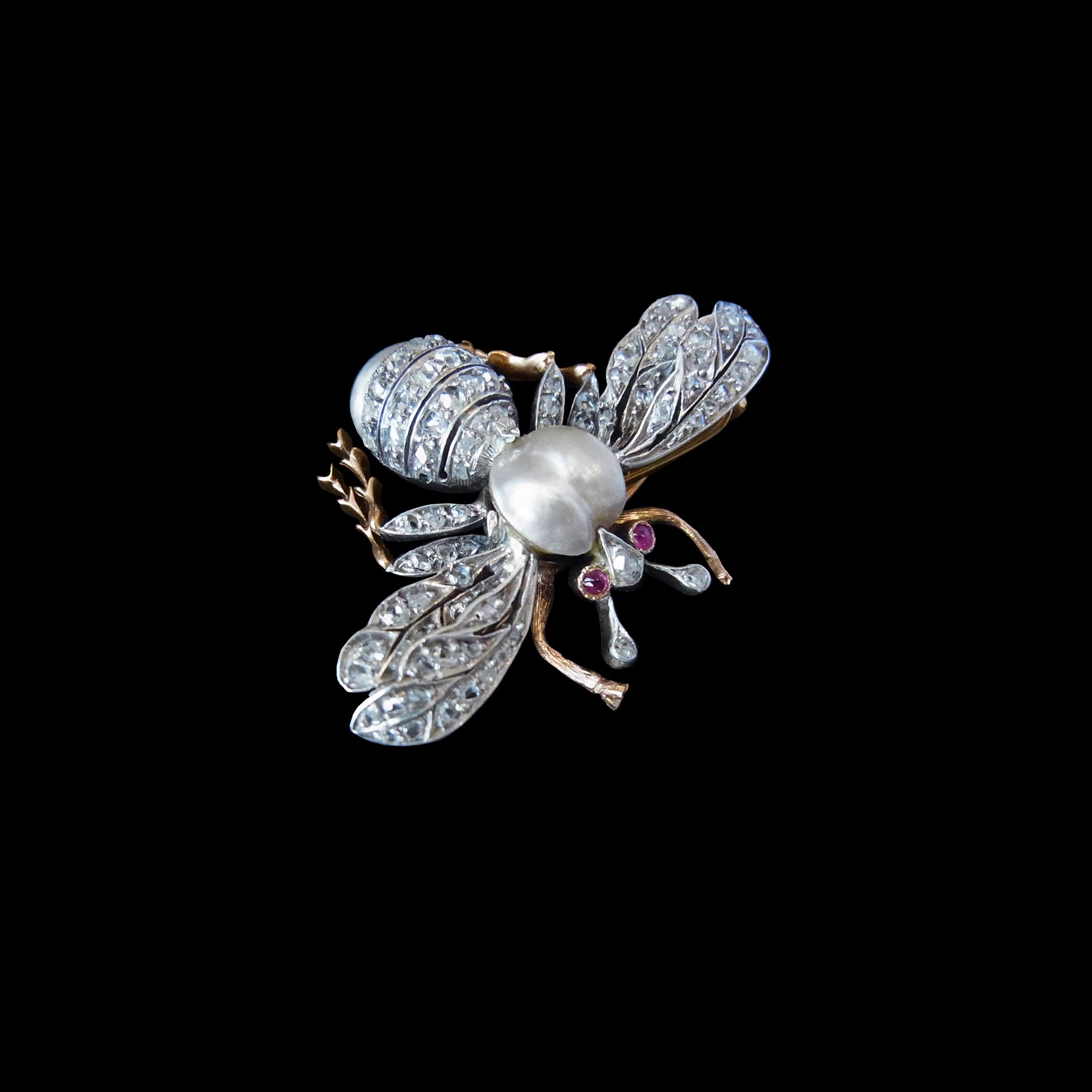 蜜蜂 天然真珠 ダイヤモンド ルビー アンティークブローチ | ルーヴル 