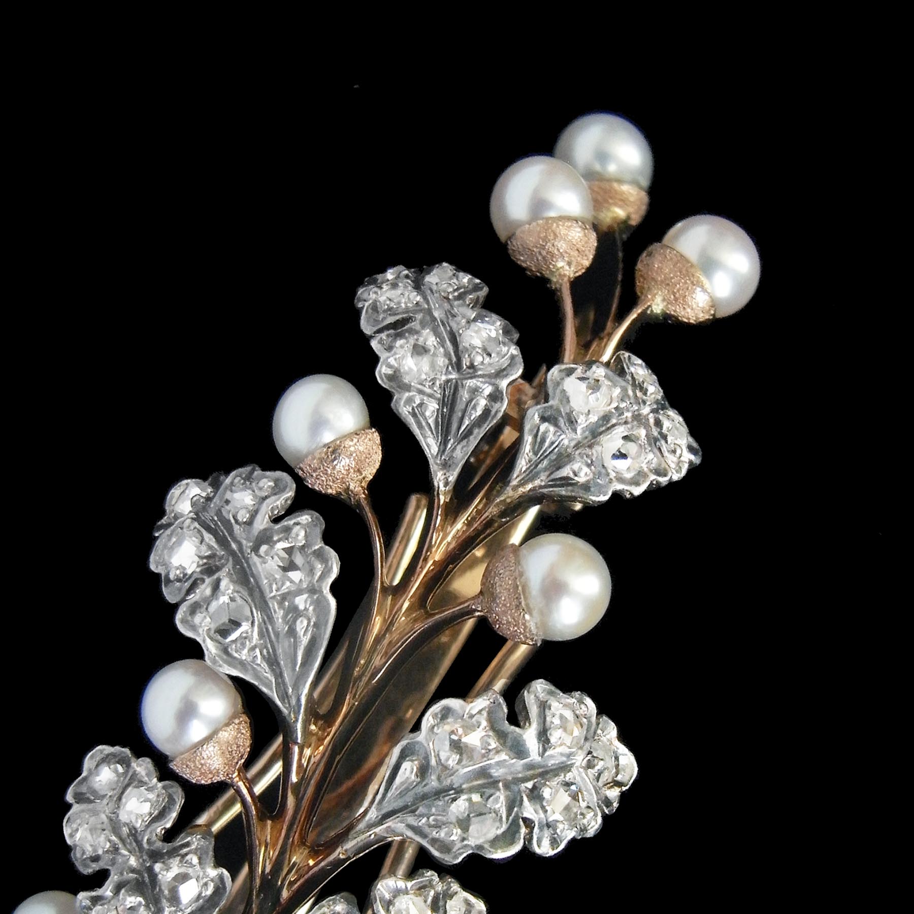 オークの一枝　天然真珠 ダイヤモンド 18金製 ヘッドドレスアンティークジュエリー