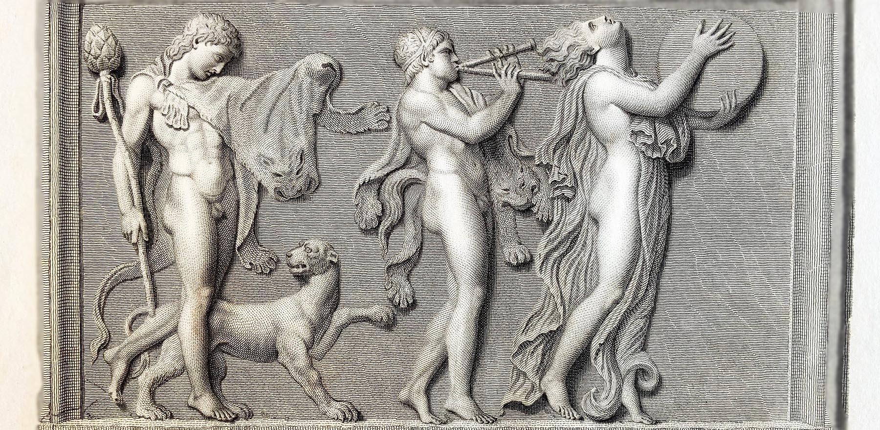 テュルソスを手にパンテールを従えるデュオニュソスの饗宴　古代ギリシャ時代のレリーフ 銅版画　大英博物館蔵